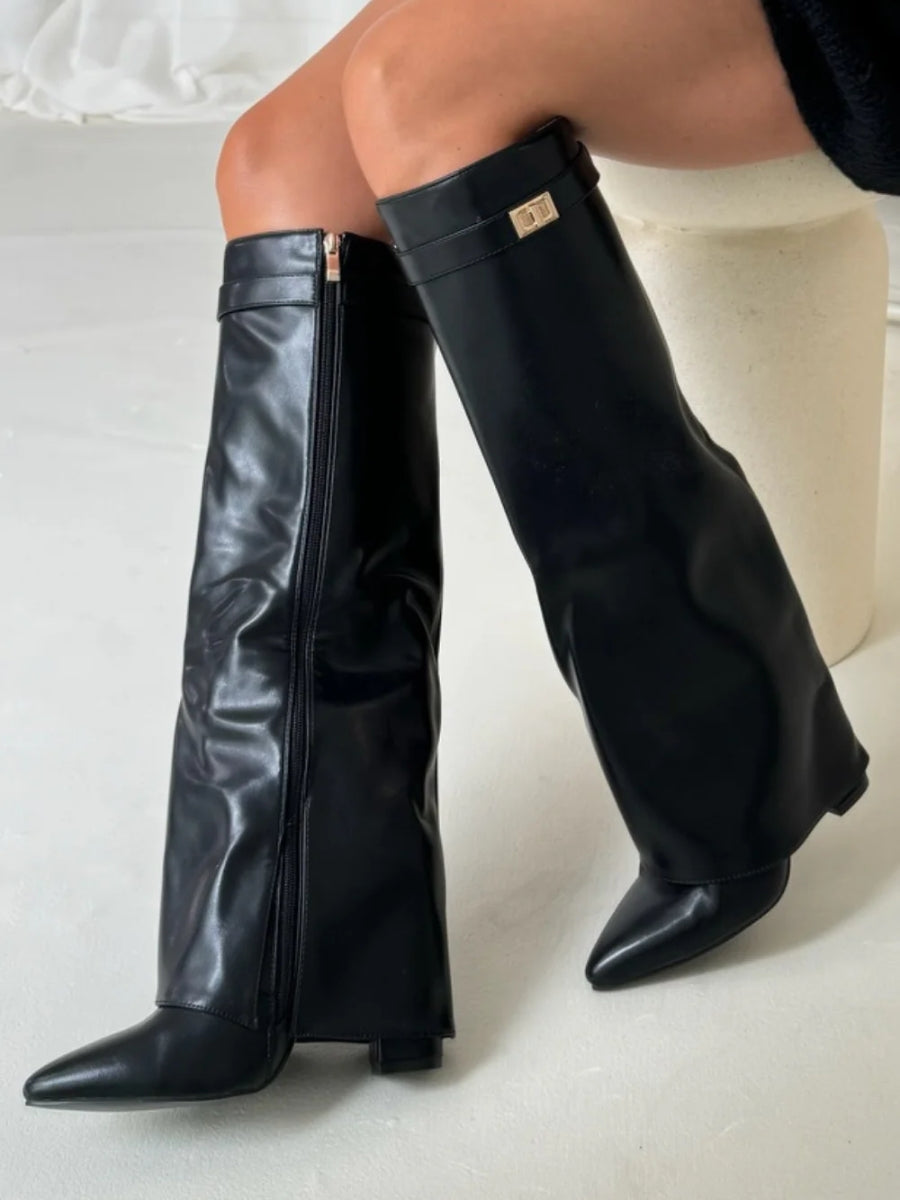 Elegante suède laarzen met hoge schacht en gouden detail – Dames