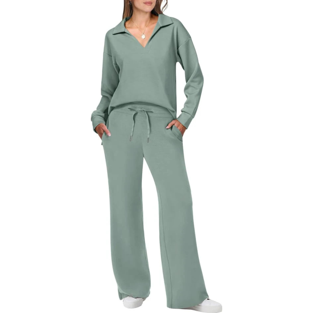 Tweedelig lounge set met V-hals top en losse broek – Dames
