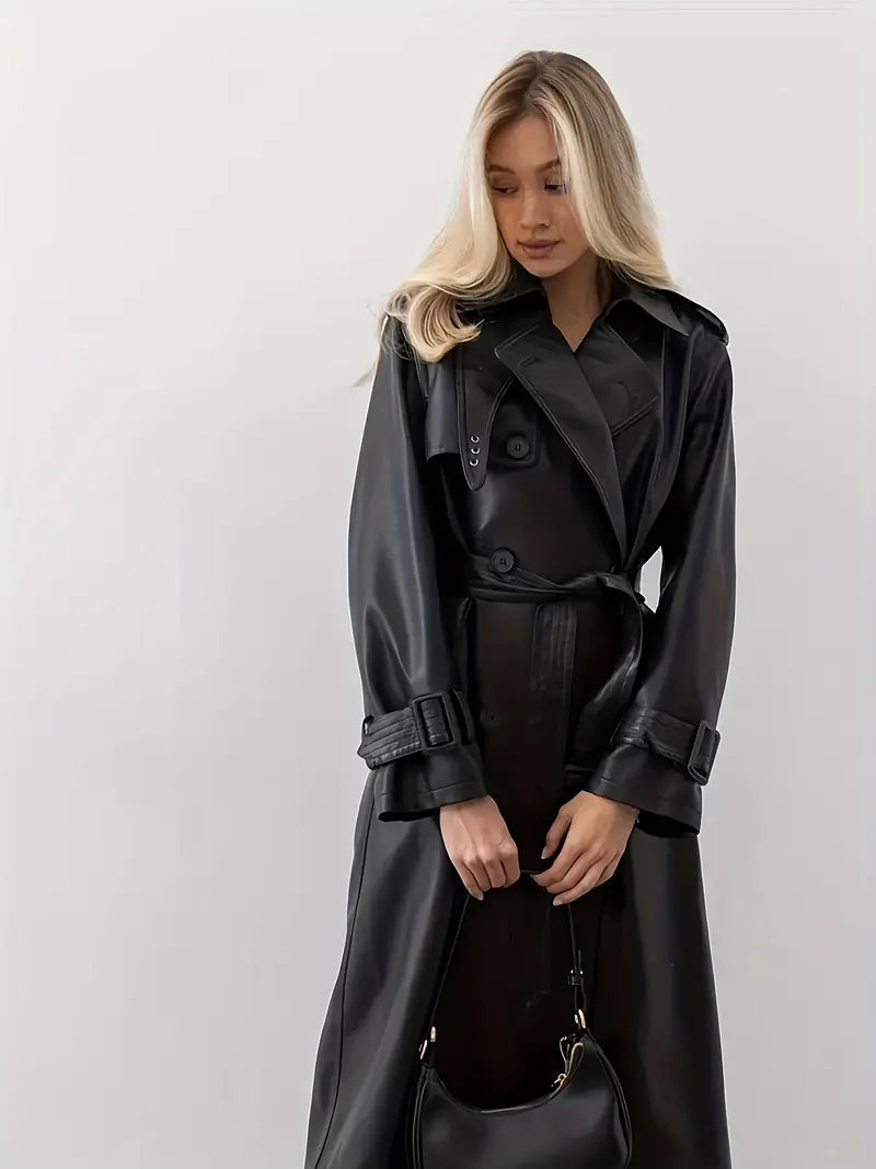 Elegante lange leren trenchcoat met tailleriem – Dames