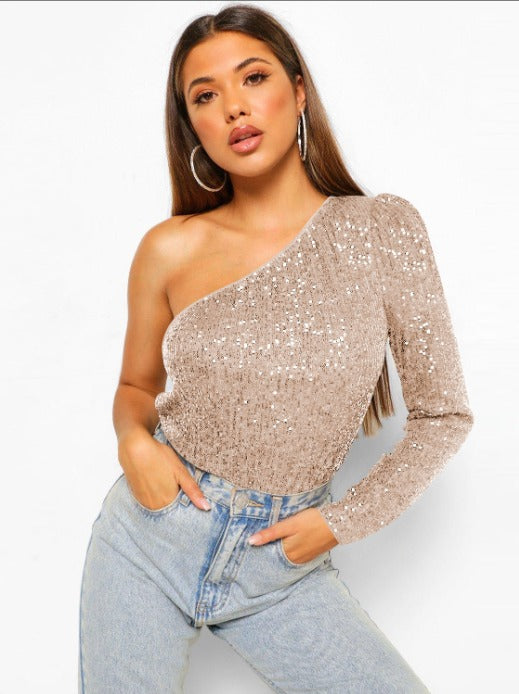 Stijlvolle one-shoulder top met pailletten en stretch – Dames