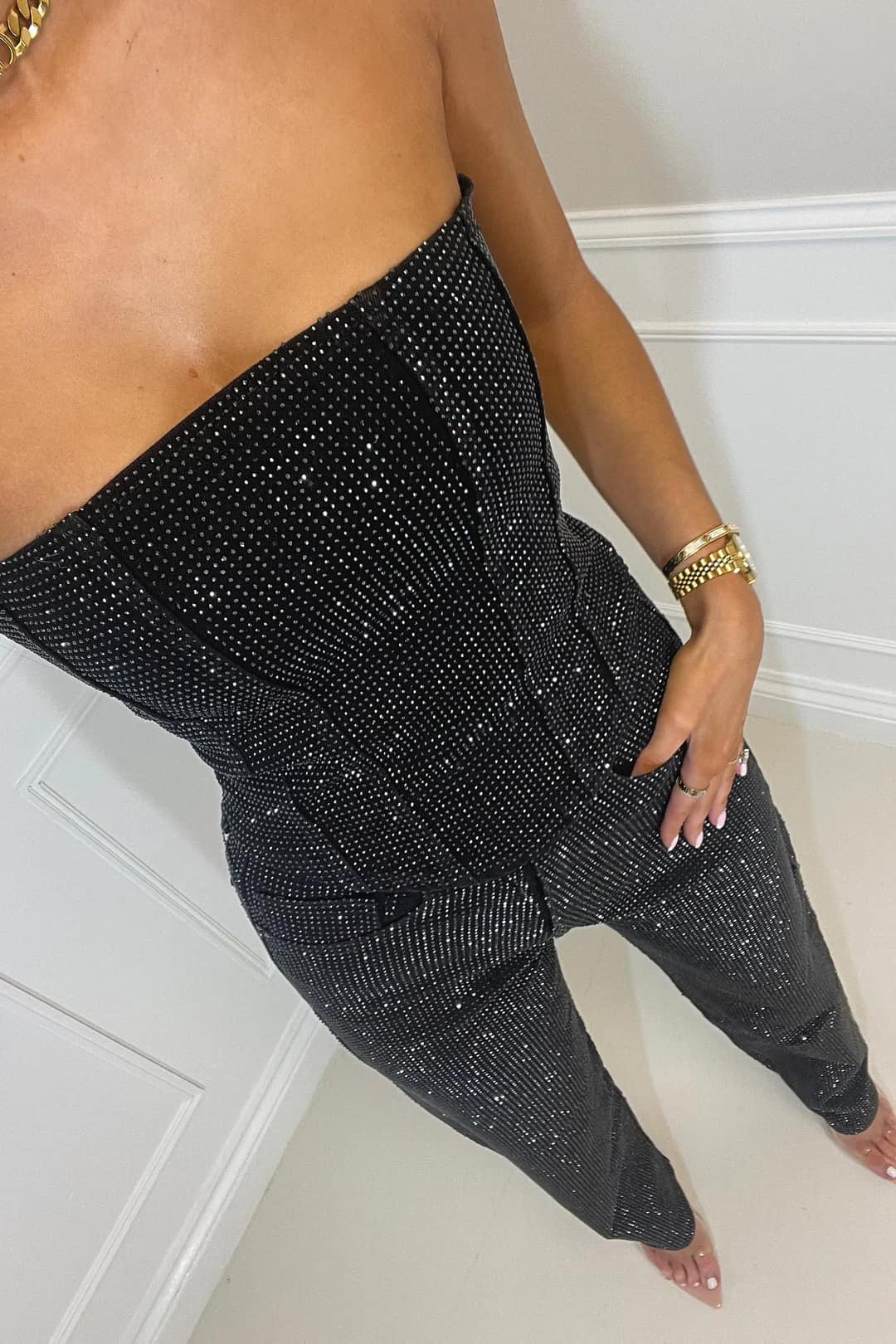 Elegante strapless jumpsuit met glitterdetails en aansluitende pasvorm – Dames