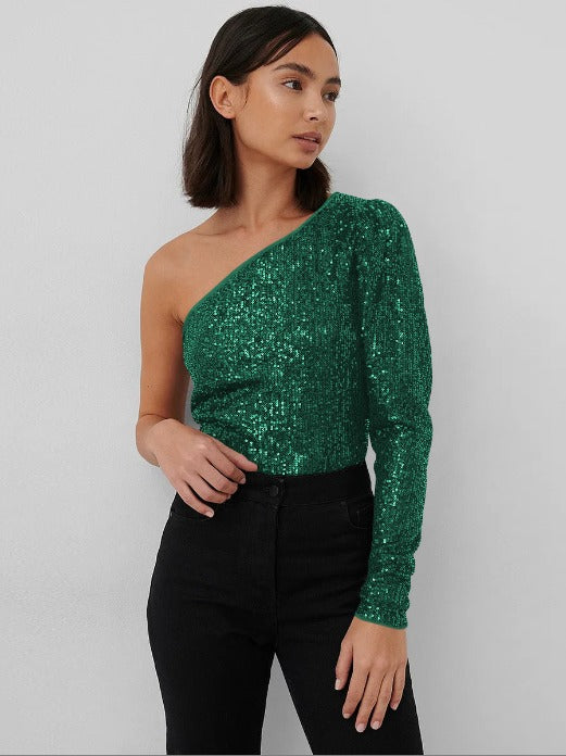 Stijlvolle one-shoulder top met pailletten en stretch – Dames