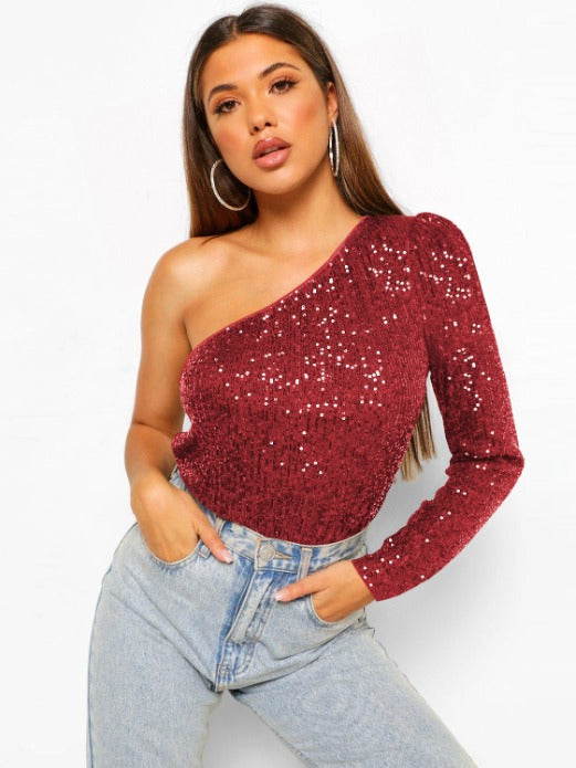 Stijlvolle one-shoulder top met pailletten en stretch – Dames