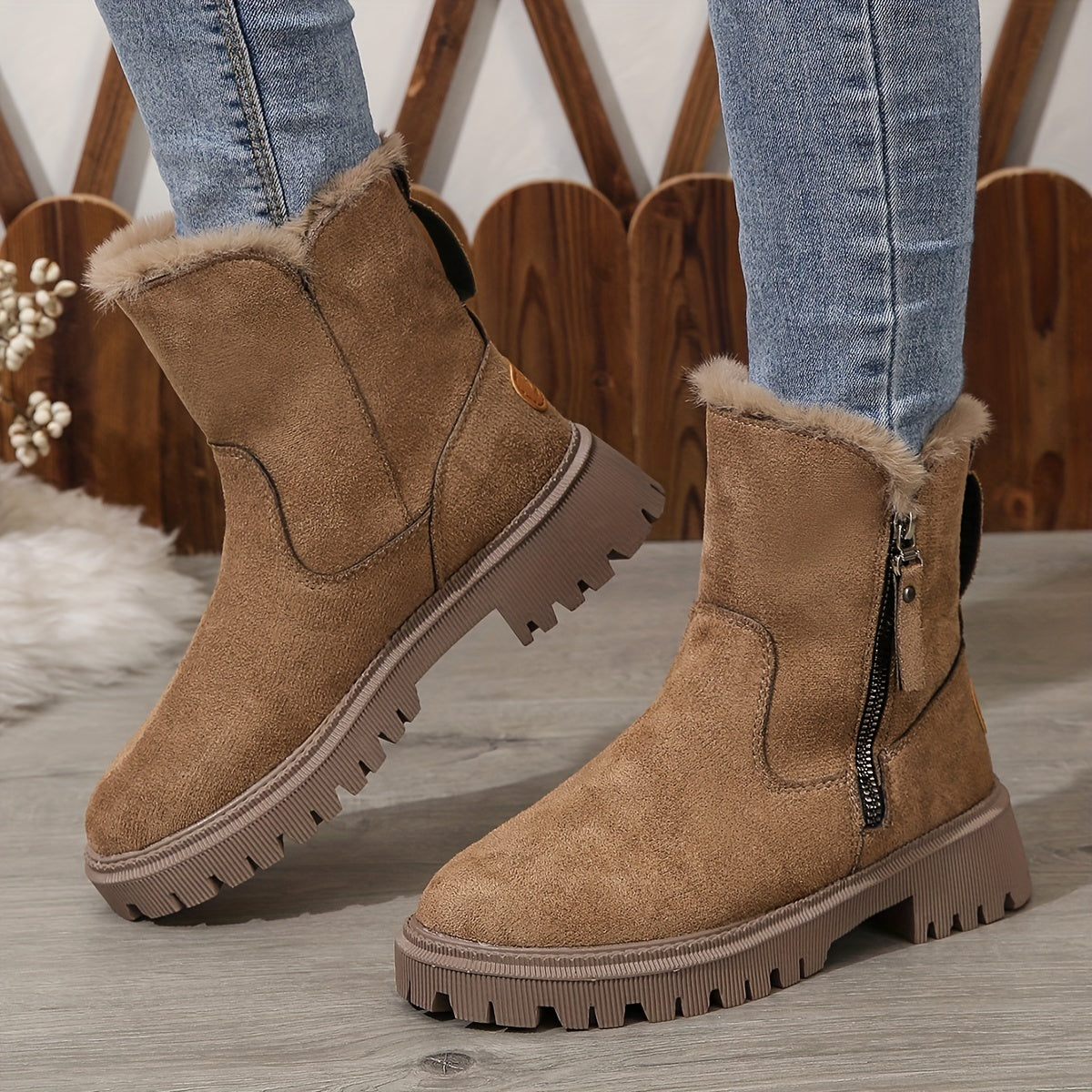 Warme pluche snowboots met ritssluiting en robuuste zool – Dames