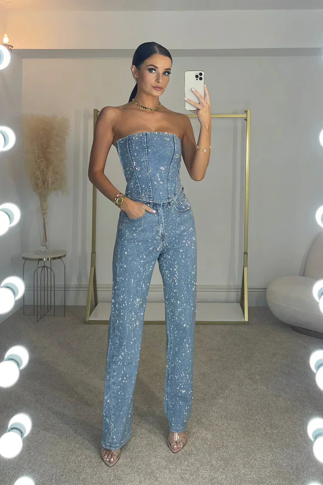 Elegante strapless jumpsuit met glitterdetails en aansluitende pasvorm – Dames