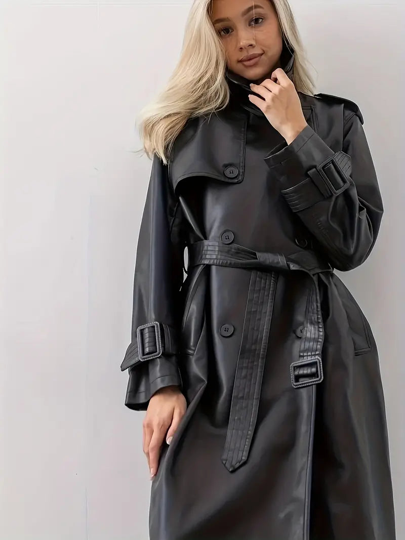 Elegante lange leren trenchcoat met tailleriem – Dames
