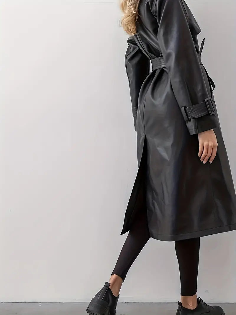 Elegante lange leren trenchcoat met tailleriem – Dames