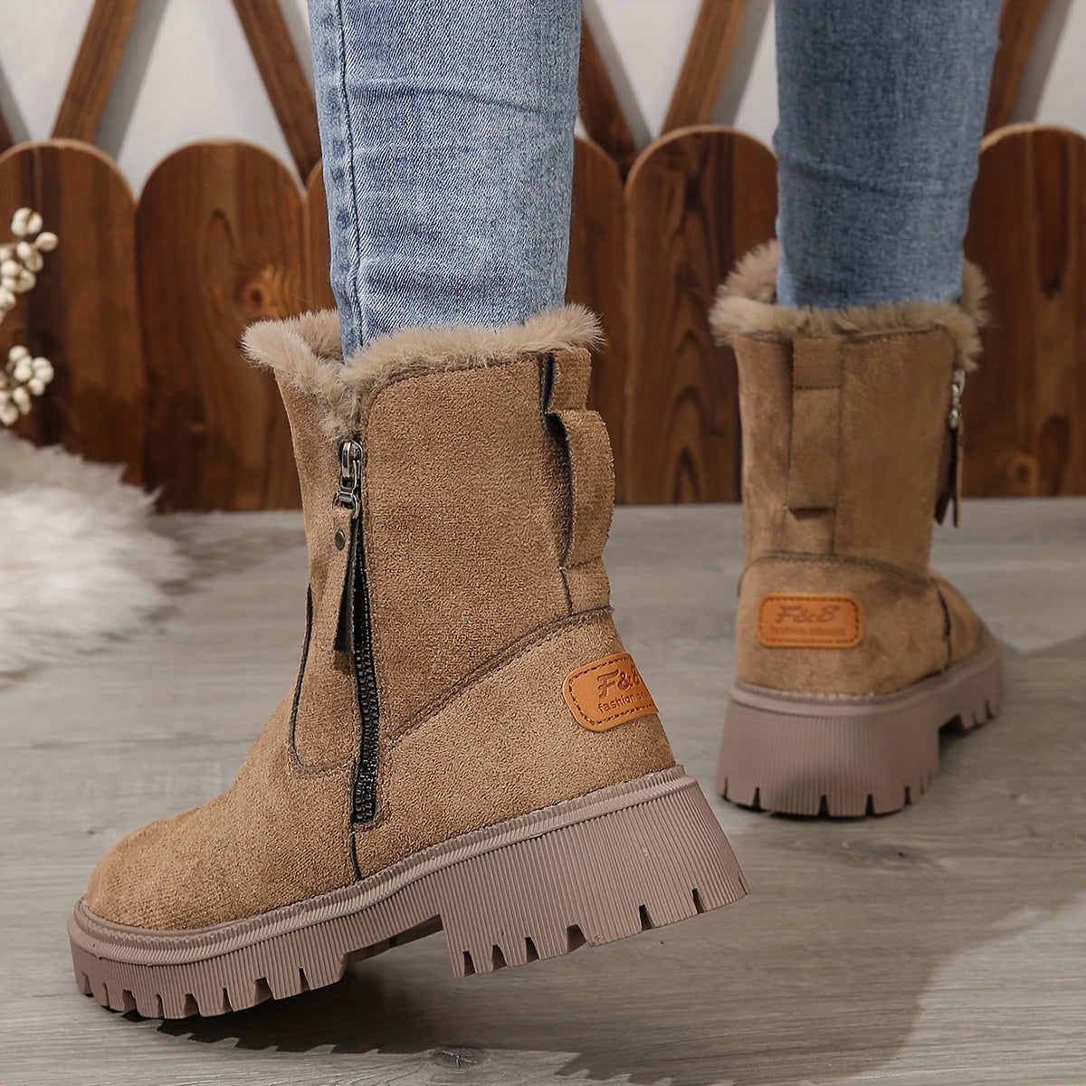 Warme pluche snowboots met ritssluiting en robuuste zool – Dames