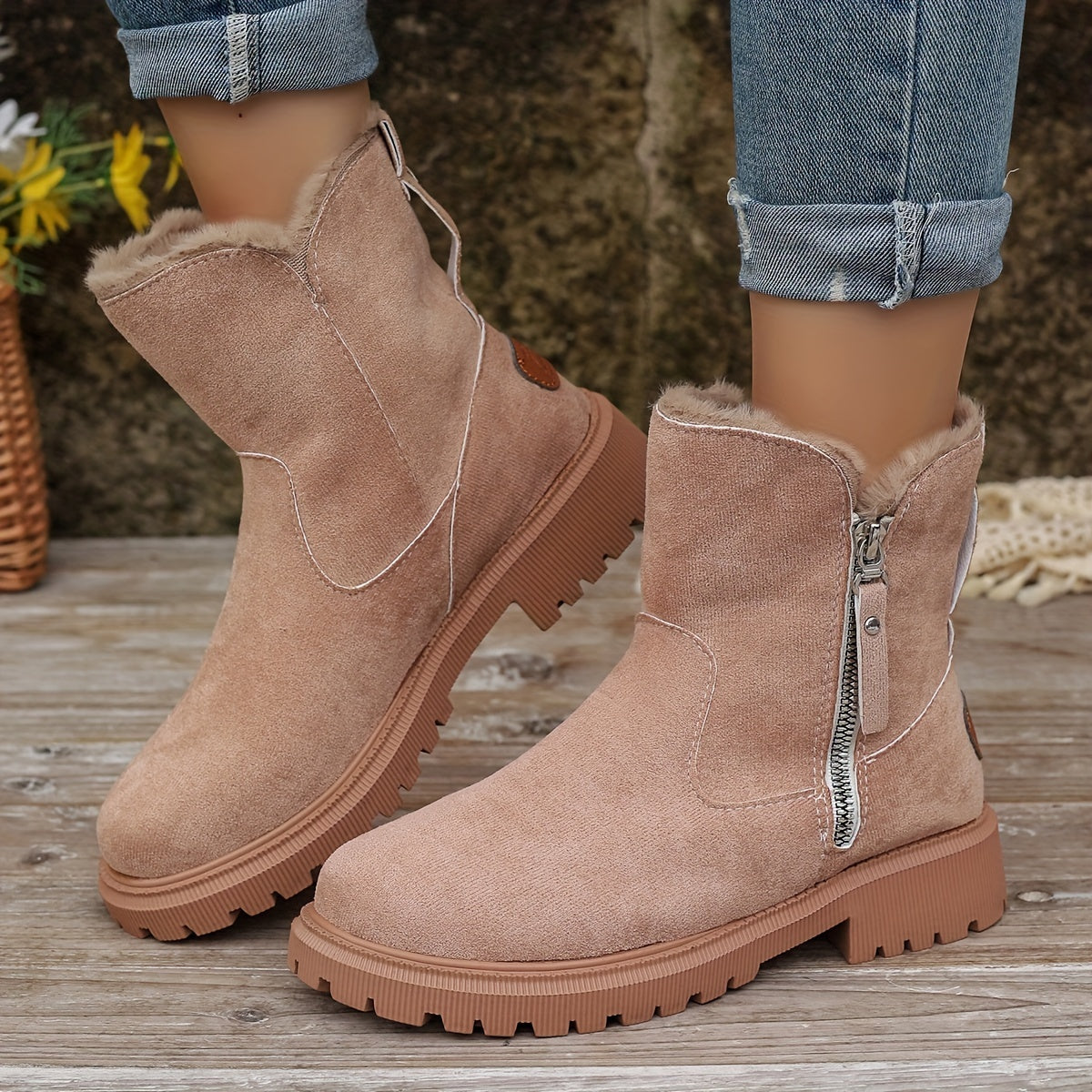 Warme pluche snowboots met ritssluiting en robuuste zool – Dames