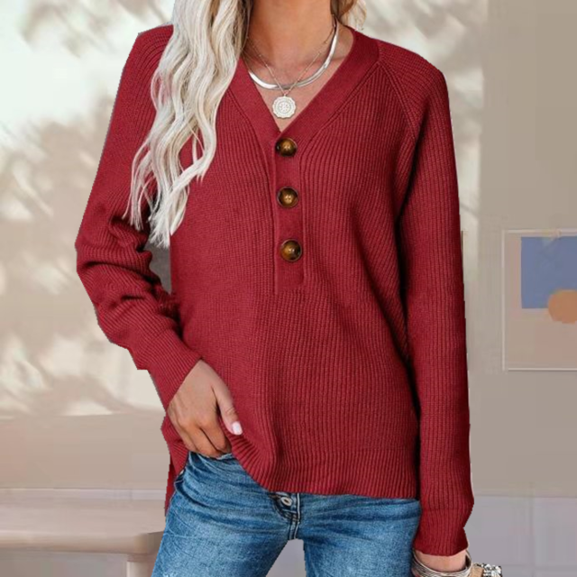 Casual gebreide trui met v-hals en knoopdetails – Dames
