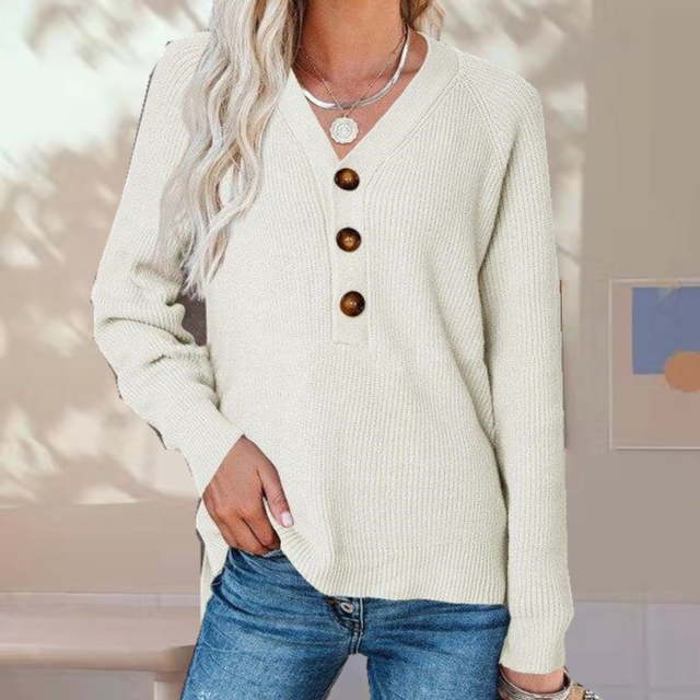 Casual gebreide trui met v-hals en knoopdetails – Dames