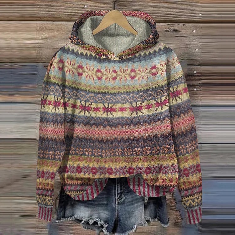 Gebreide Noorse winter hoodie met kleurrijk patroon – Dames