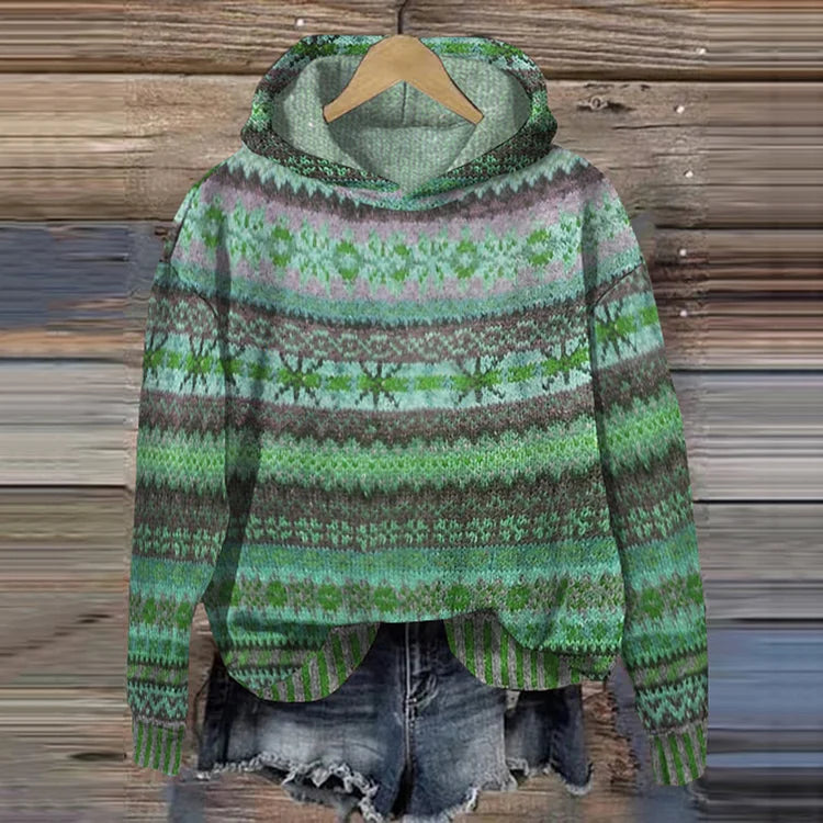 Gebreide Noorse winter hoodie met kleurrijk patroon – Dames