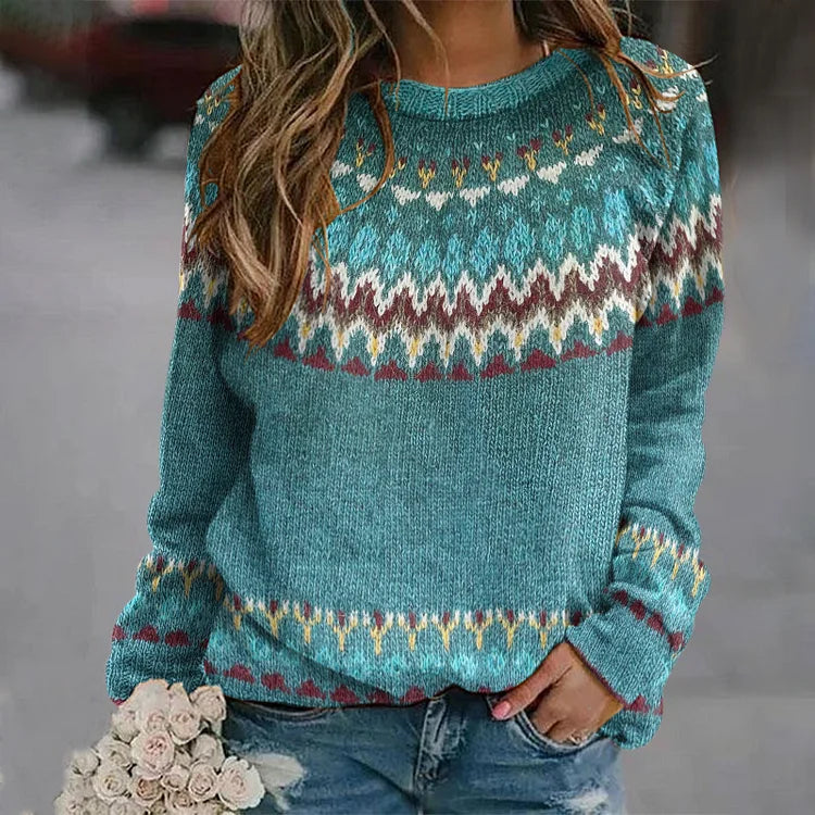Noorse gebreide wintertrui met blauw patroon – Dames