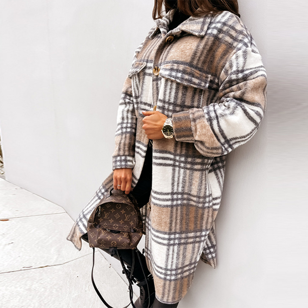 Lange geruite winterjas met tijdloze charme – Dames
