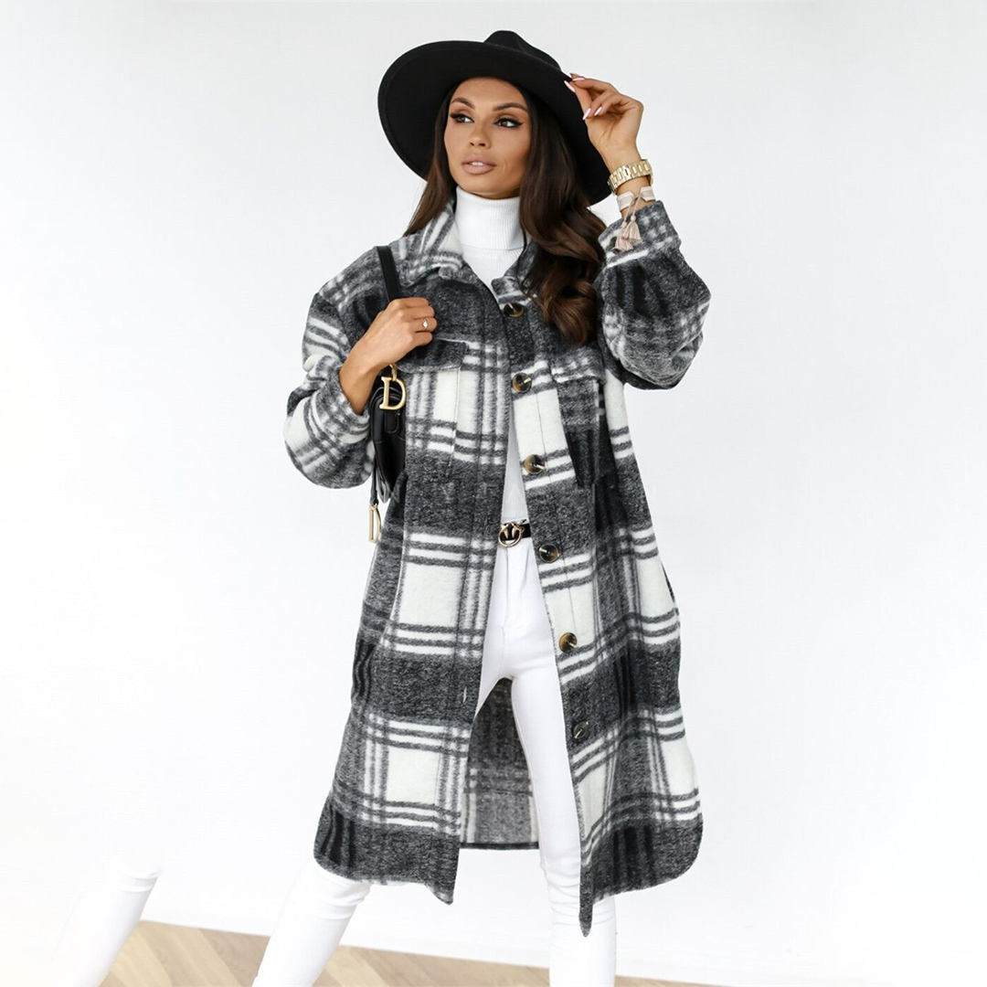 Lange geruite winterjas met tijdloze charme – Dames