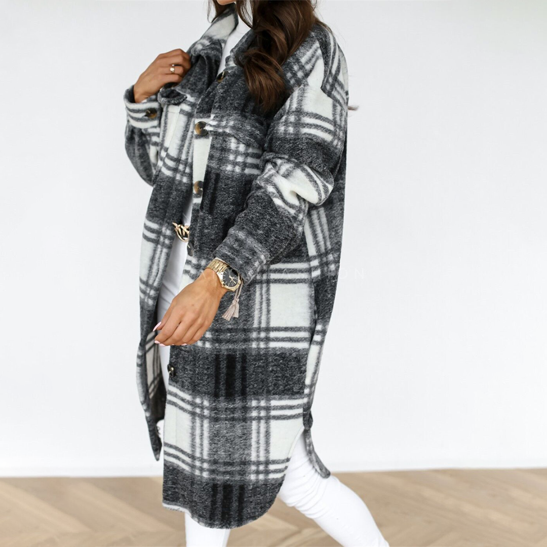 Lange geruite winterjas met tijdloze charme – Dames