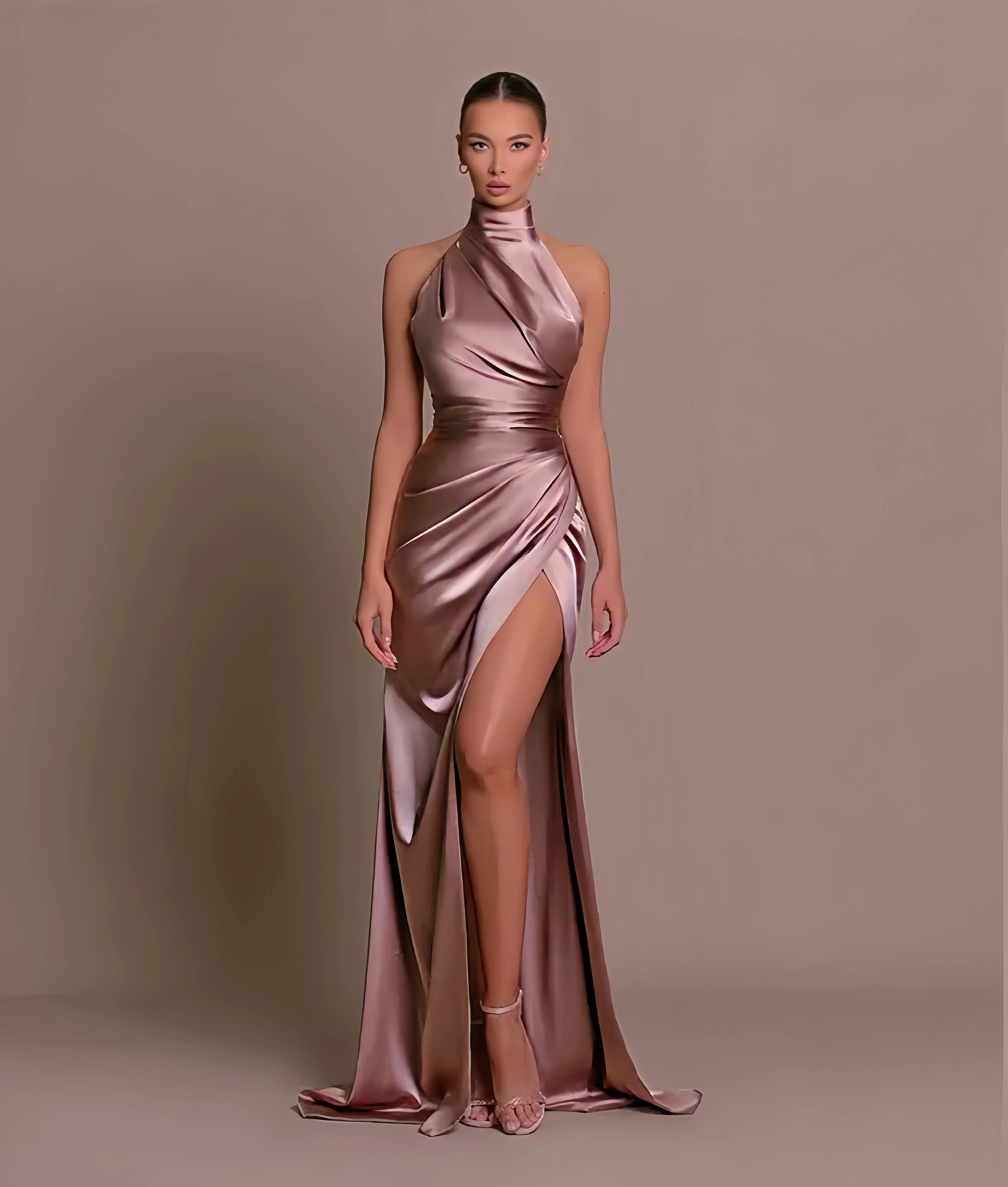 Elegante verleidelijke satijnen halter avondjurk – Dames