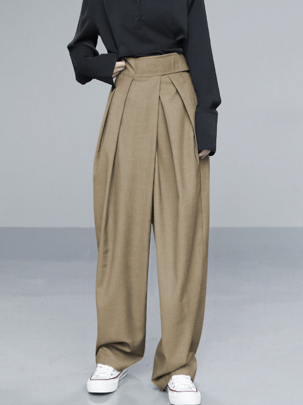 Oversized lange broek van geweven stof met effen design – Dames