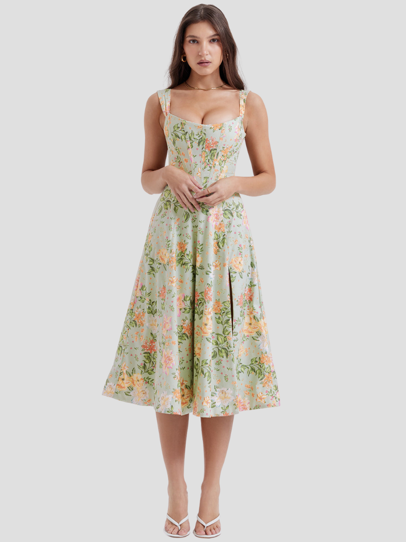 Bella | Elegante Bloemen Midi Zonnejurk Voor De Zomer Voor Dames