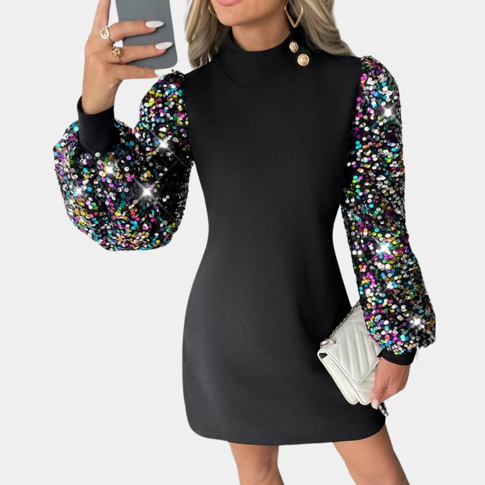 Chic paillettenjurk met lange mouwen en opstaande kraag – Dames