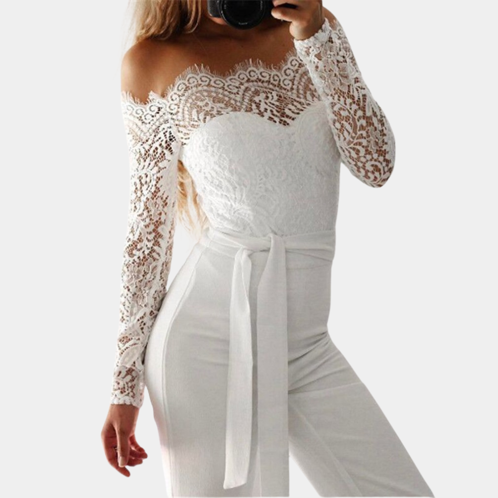 Elegante schouderloze jumpsuit met kanten details – Dames