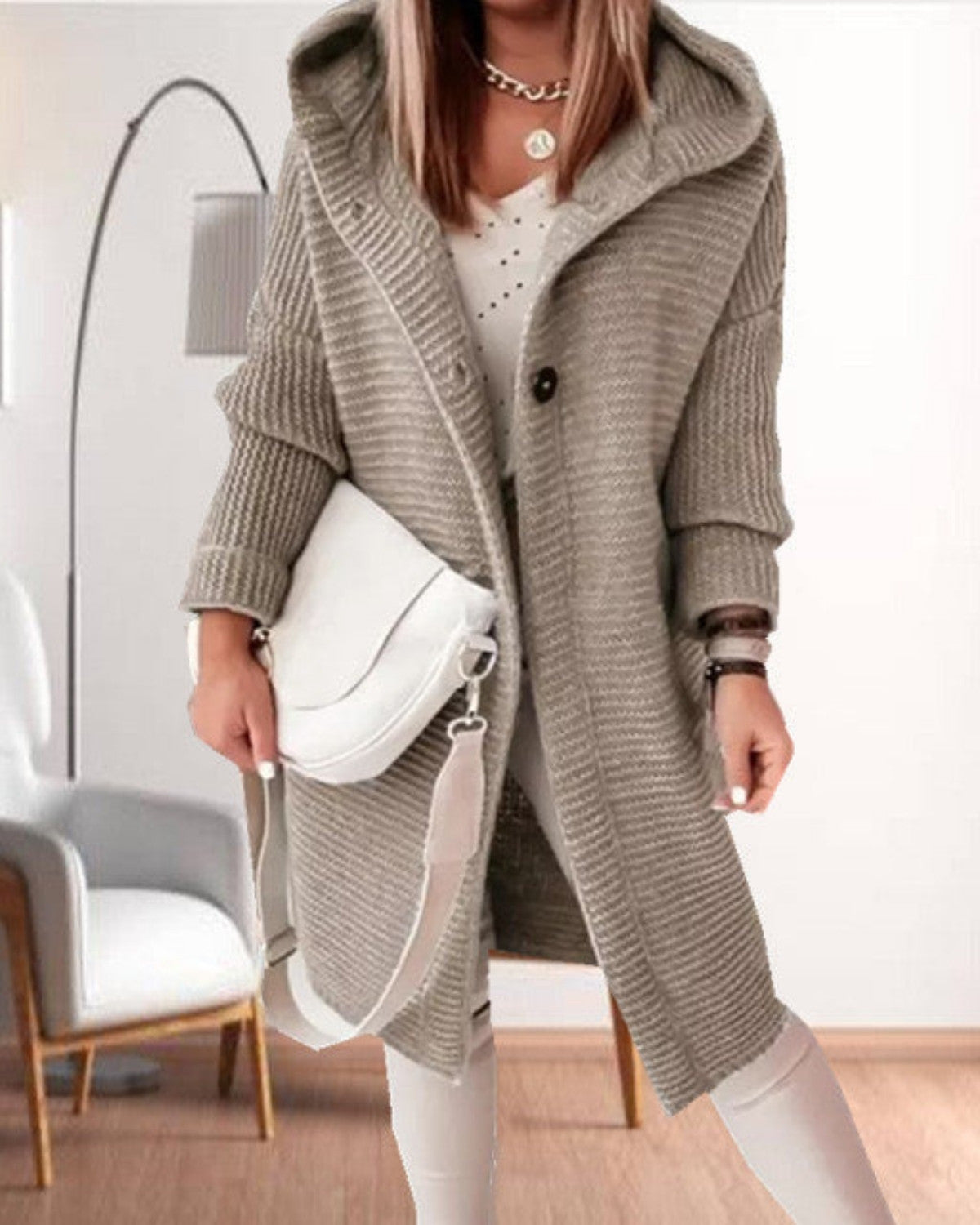 Casual gebreide jas met capuchon en knoopsluiting – Dames