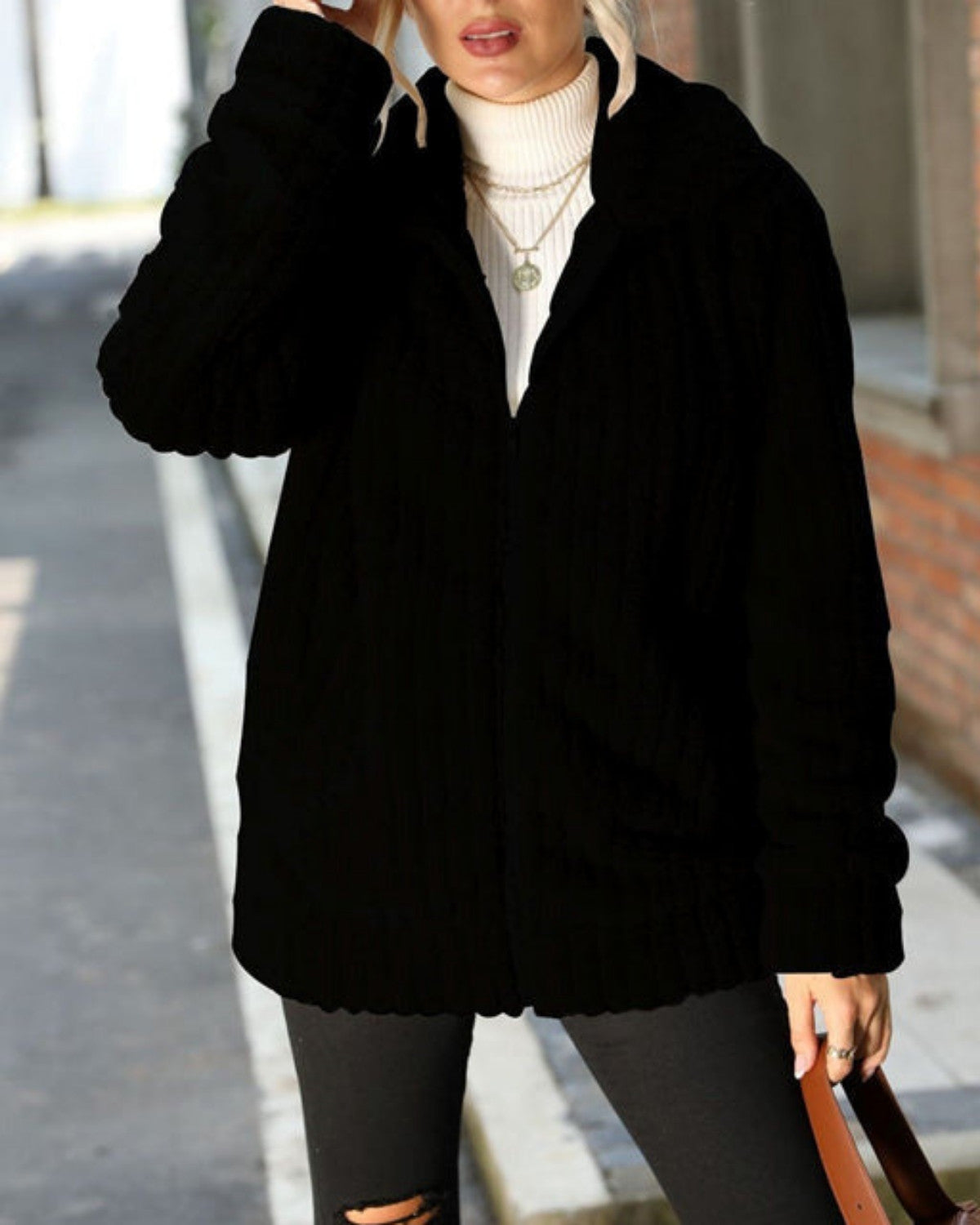 Casual pluche winterjas met rits en effen design – Dames
