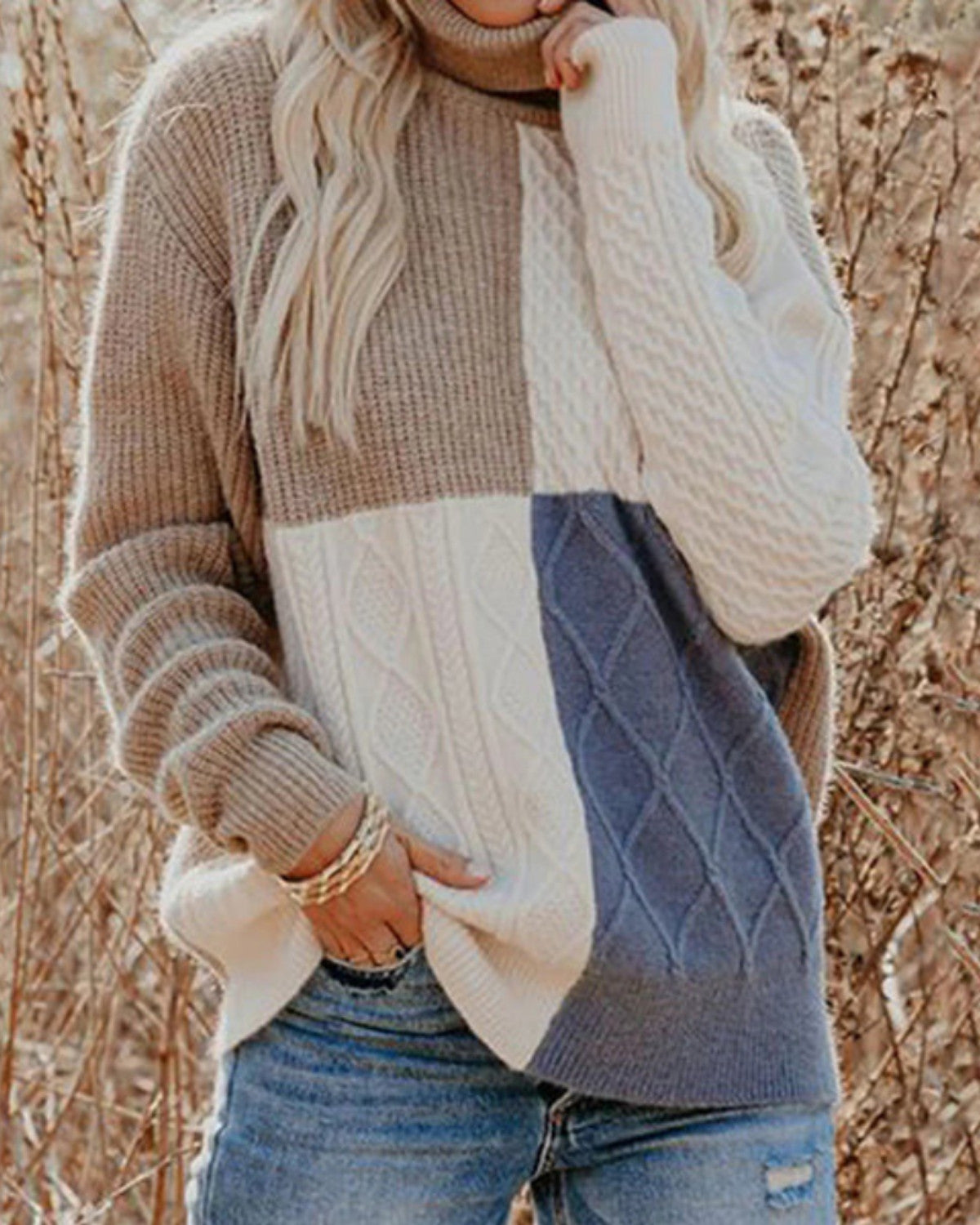 Casual trui met patchwork van katoenmix voor herfst en winter – Dames