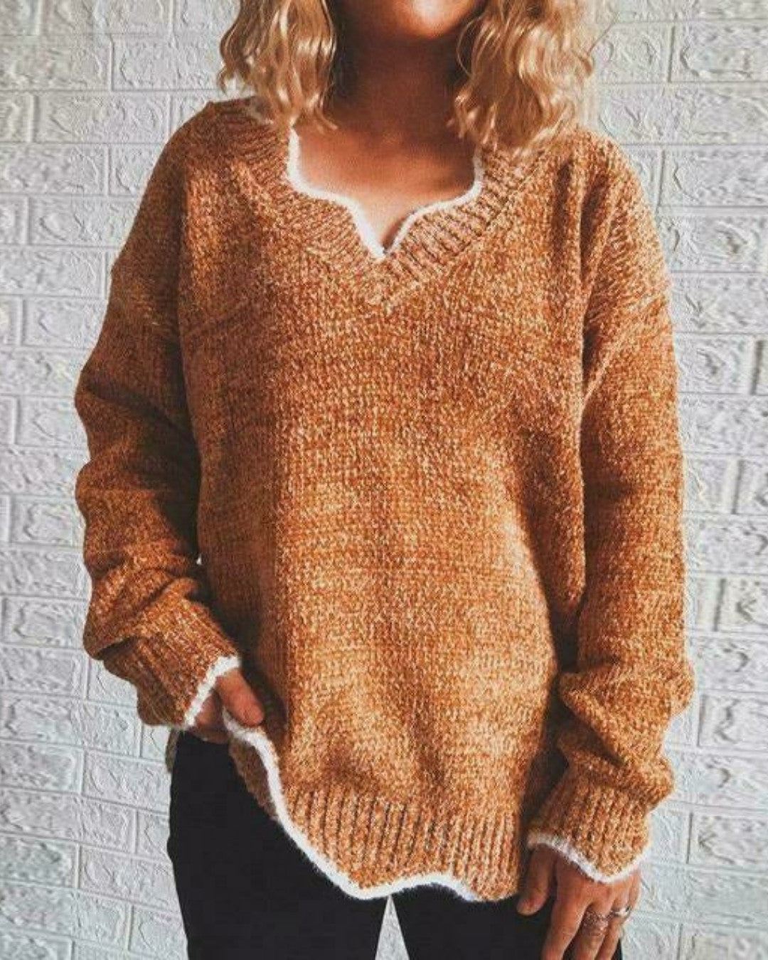 Casual winter trui met v-hals in effen kleur – Dames