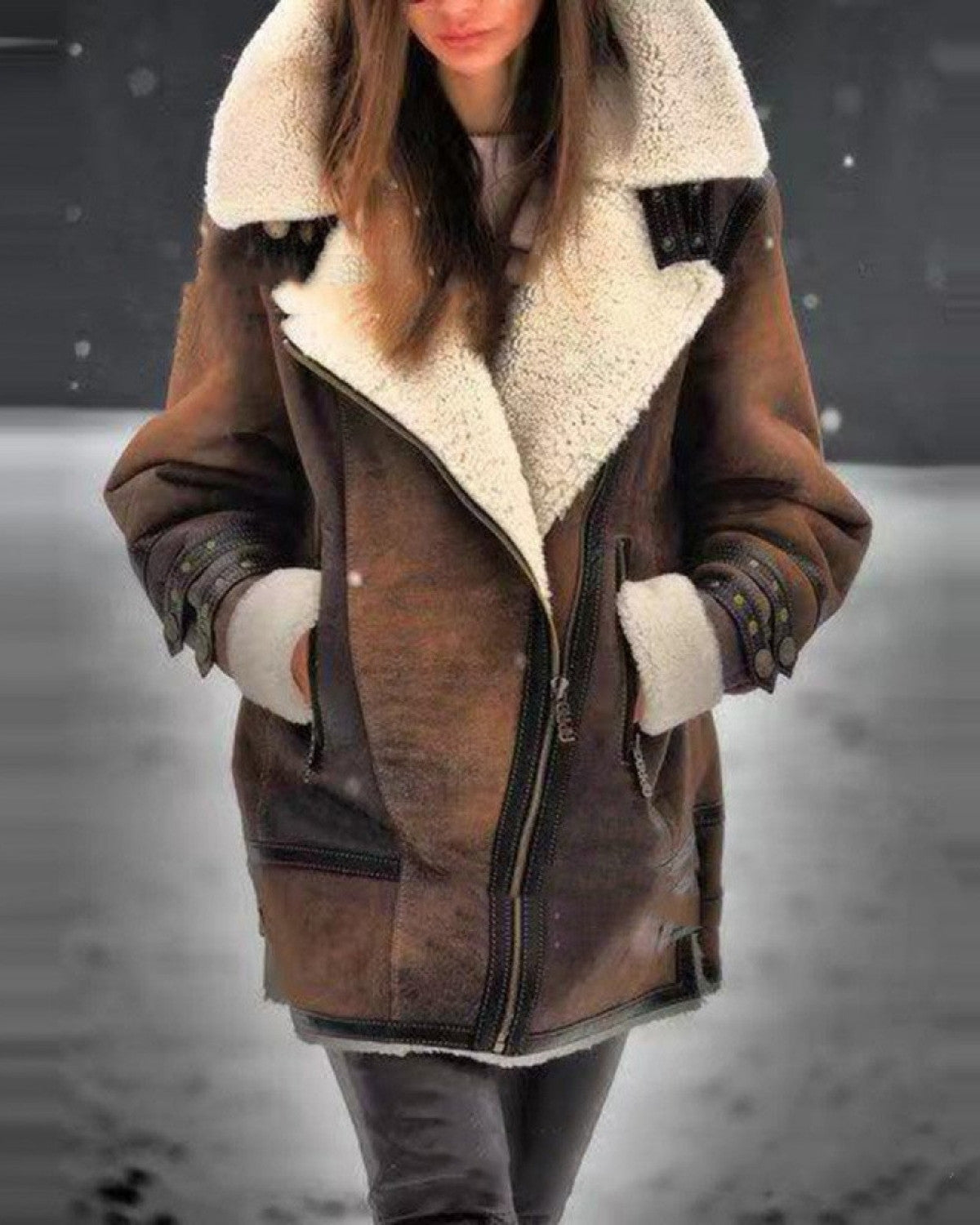 Comfortabele bruine imitatie leren winterjas met fleecevoering – Dames