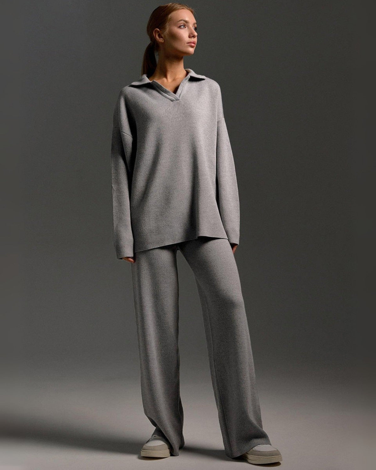 Comfortabele loungewear herfst set gebreid met oversized trui en wijde broek – Dames