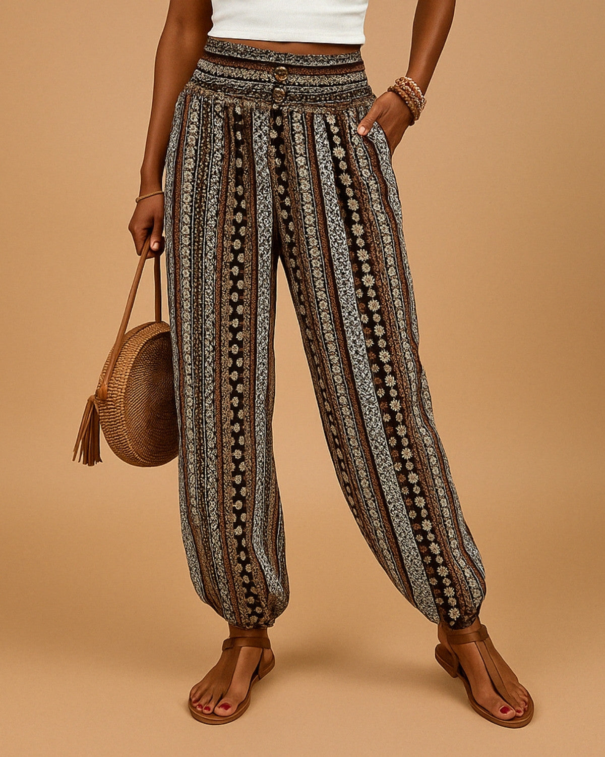 Comfortabele luchtige bohemian broek met hoge taille - Dames