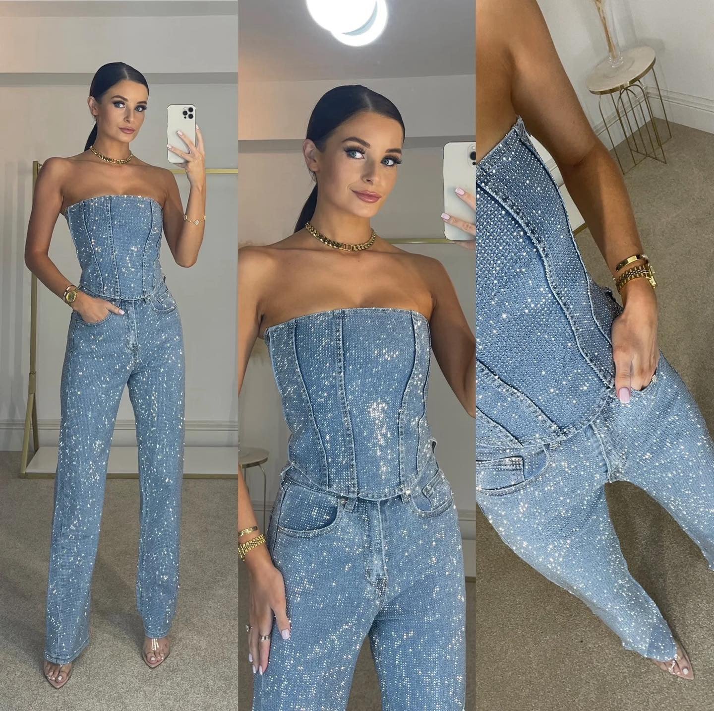 Elegante strapless jumpsuit met glitterdetails en aansluitende pasvorm – Dames