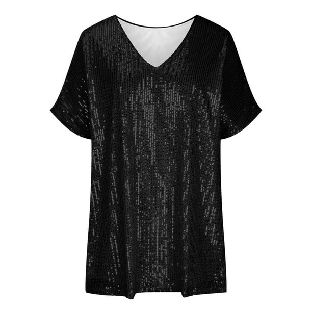 Stijlvol t-shirt met pailletten en v-hals van zachte stof – Dames
