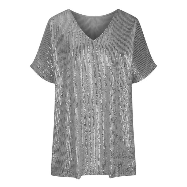 Stijlvol t-shirt met pailletten en v-hals van zachte stof – Dames