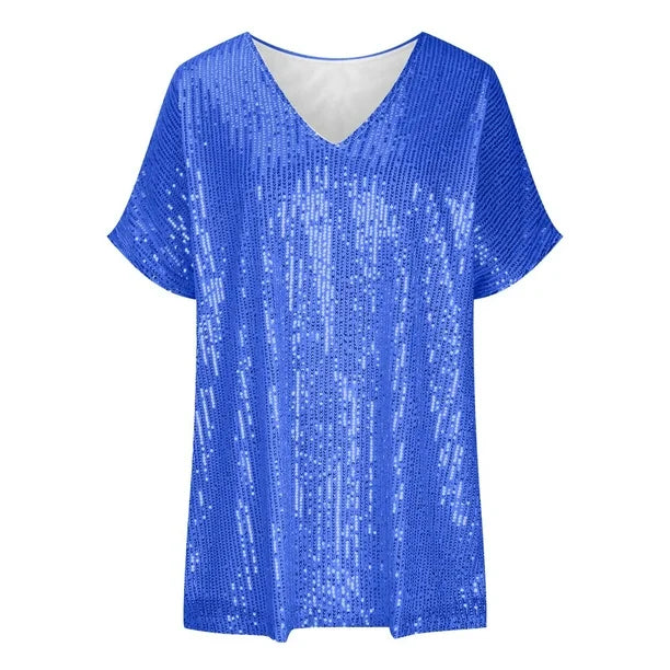 Stijlvol t-shirt met pailletten en v-hals van zachte stof – Dames