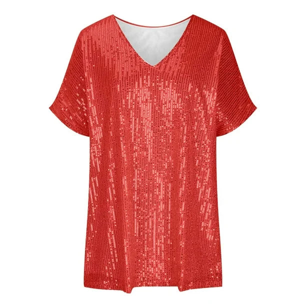 Stijlvol t-shirt met pailletten en v-hals van zachte stof – Dames