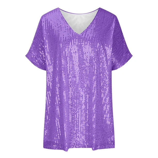 Stijlvol t-shirt met pailletten en v-hals van zachte stof – Dames
