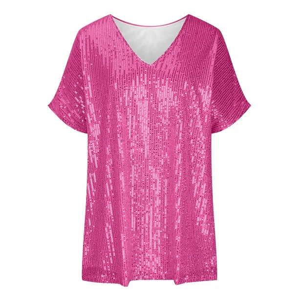 Stijlvol t-shirt met pailletten en v-hals van zachte stof – Dames