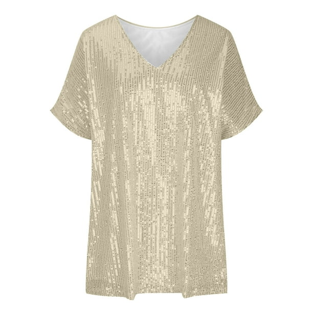 Stijlvol t-shirt met pailletten en v-hals van zachte stof – Dames