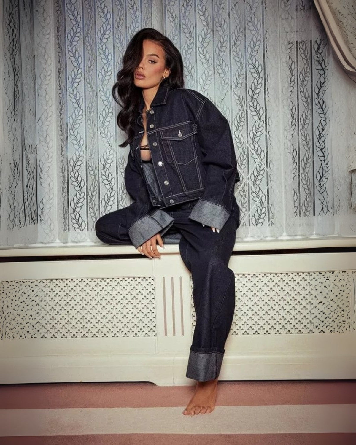 Denim tweedelige set met spijkerjasje en lange broek – Dames