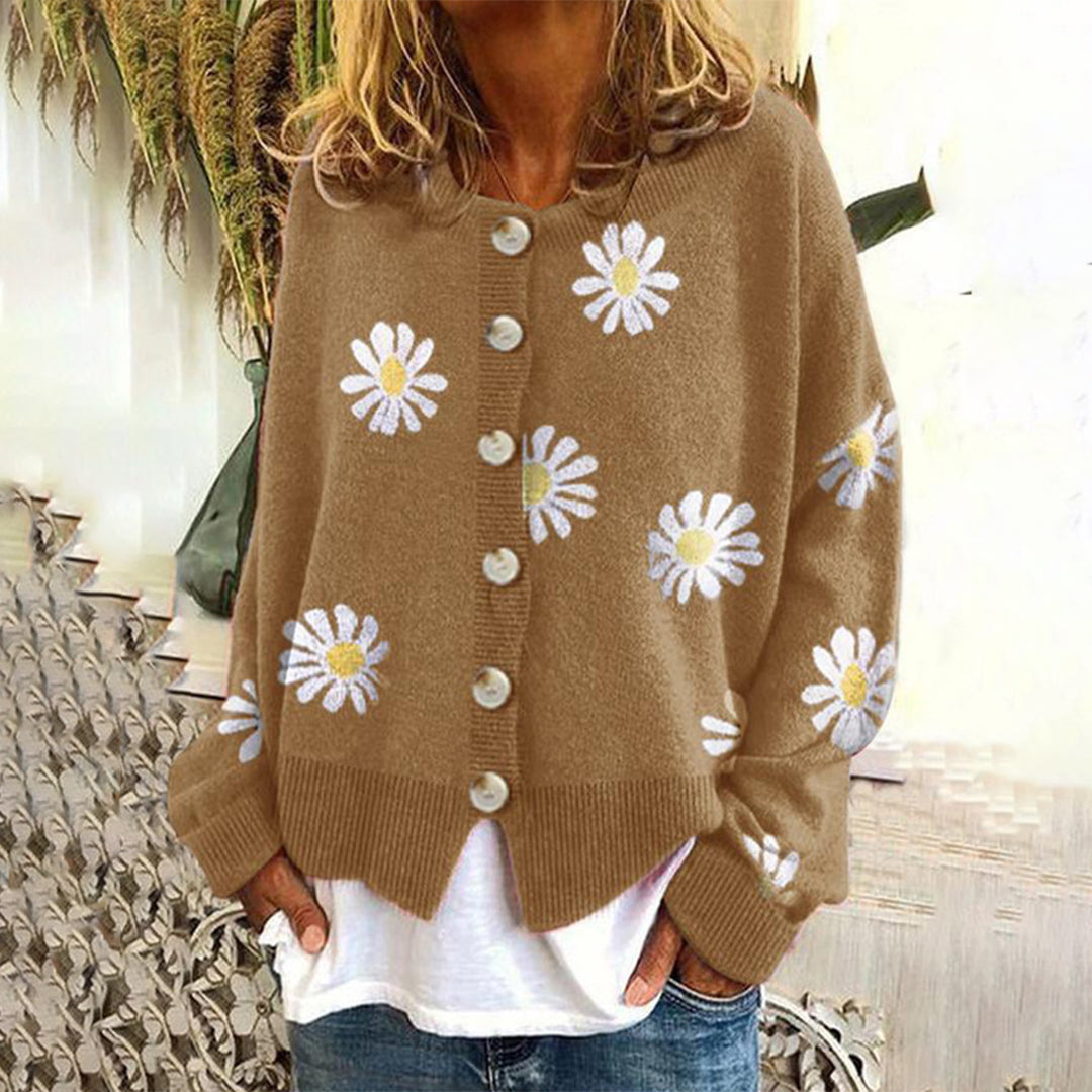 Gebreid vest met knopen en stijlvol bloemenpatroon – Dames