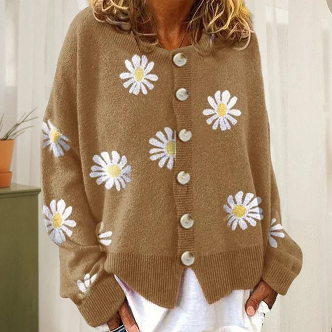 Gebreid vest met knopen en stijlvol bloemenpatroon – Dames