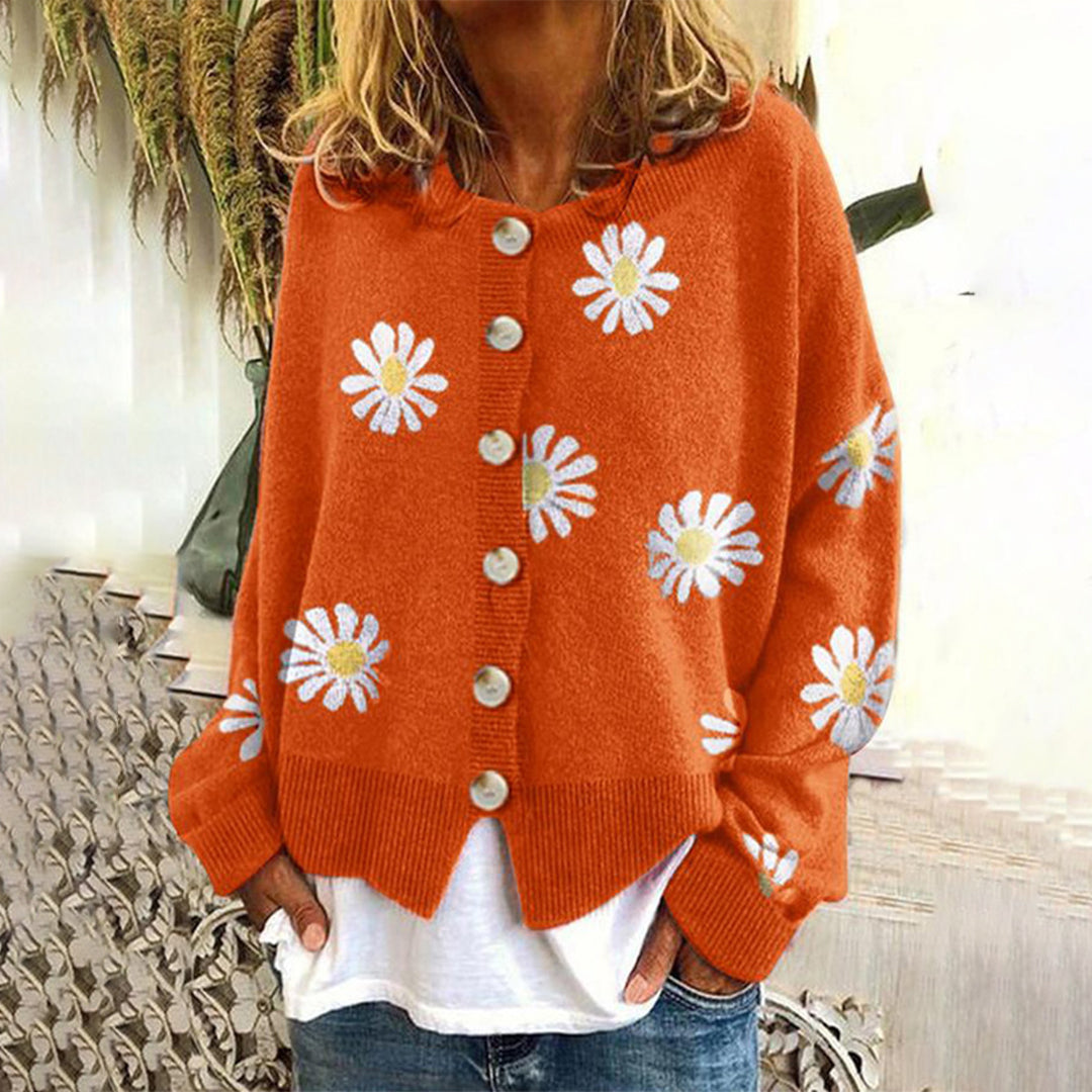 Gebreid vest met knopen en stijlvol bloemenpatroon – Dames