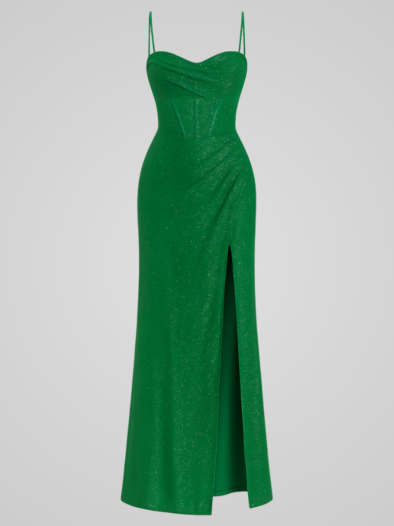 Elegante romantische pailletten maxi jurk met ronde hals en split – Dames