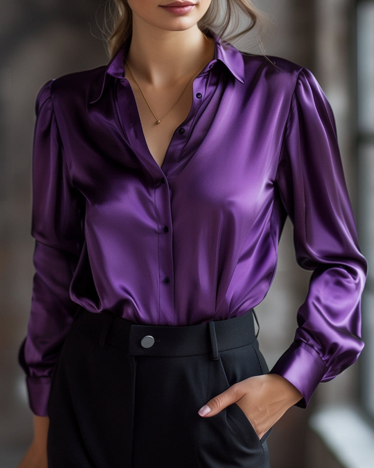 Elegante satijnen blouse met lange mouwen - Dames