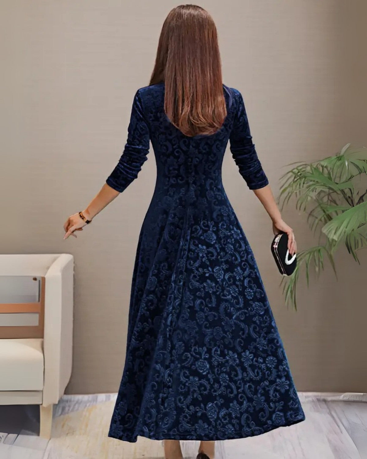 Elegante tijdloze velvet maxi jurk met kanten details - Dames
