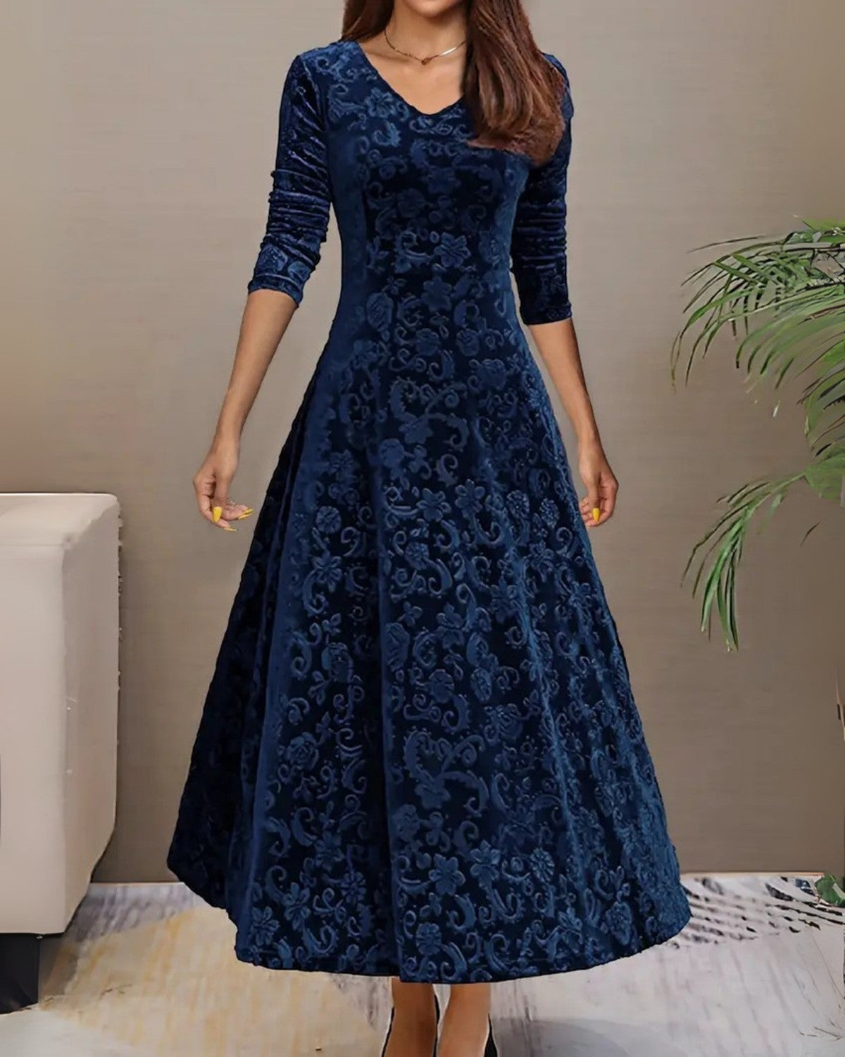 Elegante tijdloze velvet maxi jurk met kanten details - Dames