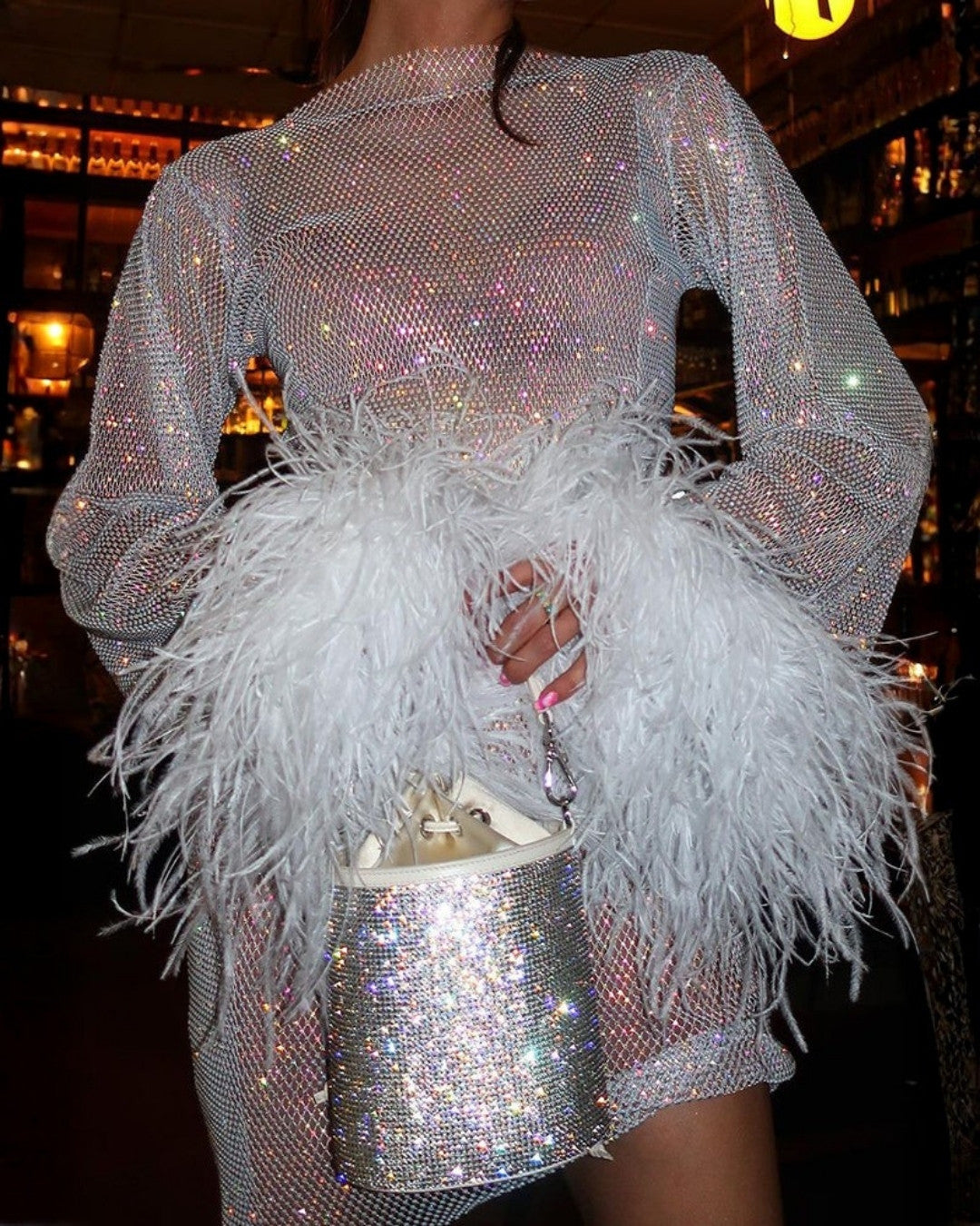 Elegante transparante feestjurk met veren en getailleerde pasvorm – Dames